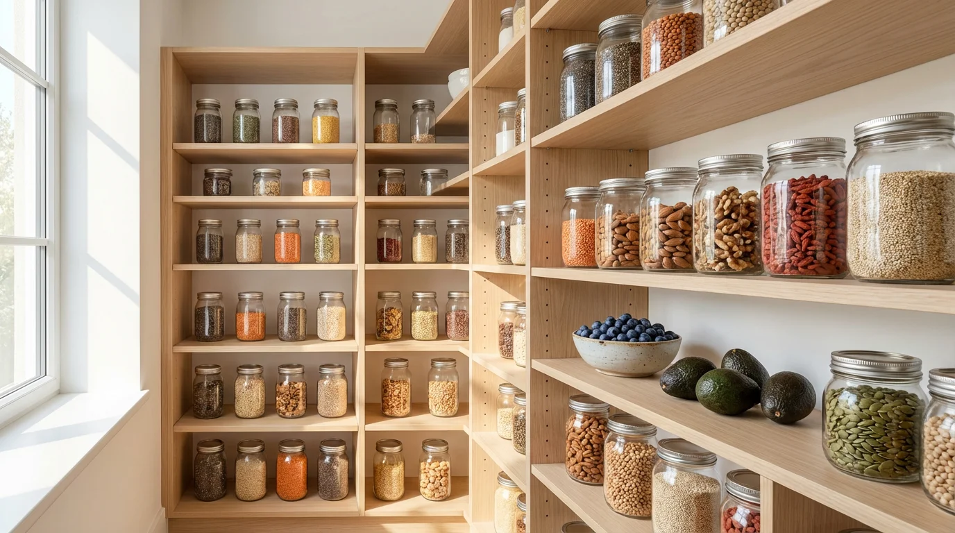A wide shot of a clean, modern pantry filled with healthy, brain-boosting foods.