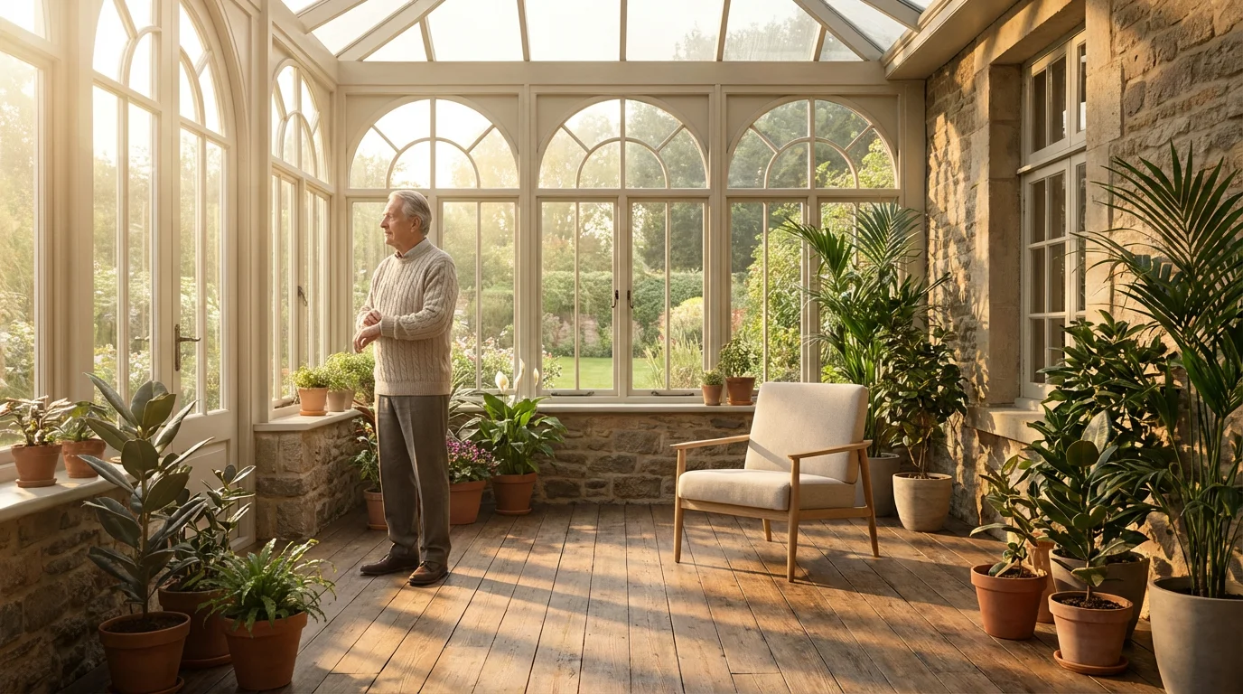 A wide shot of a senior man standing thoughtfully in a sun-filled, modern room.