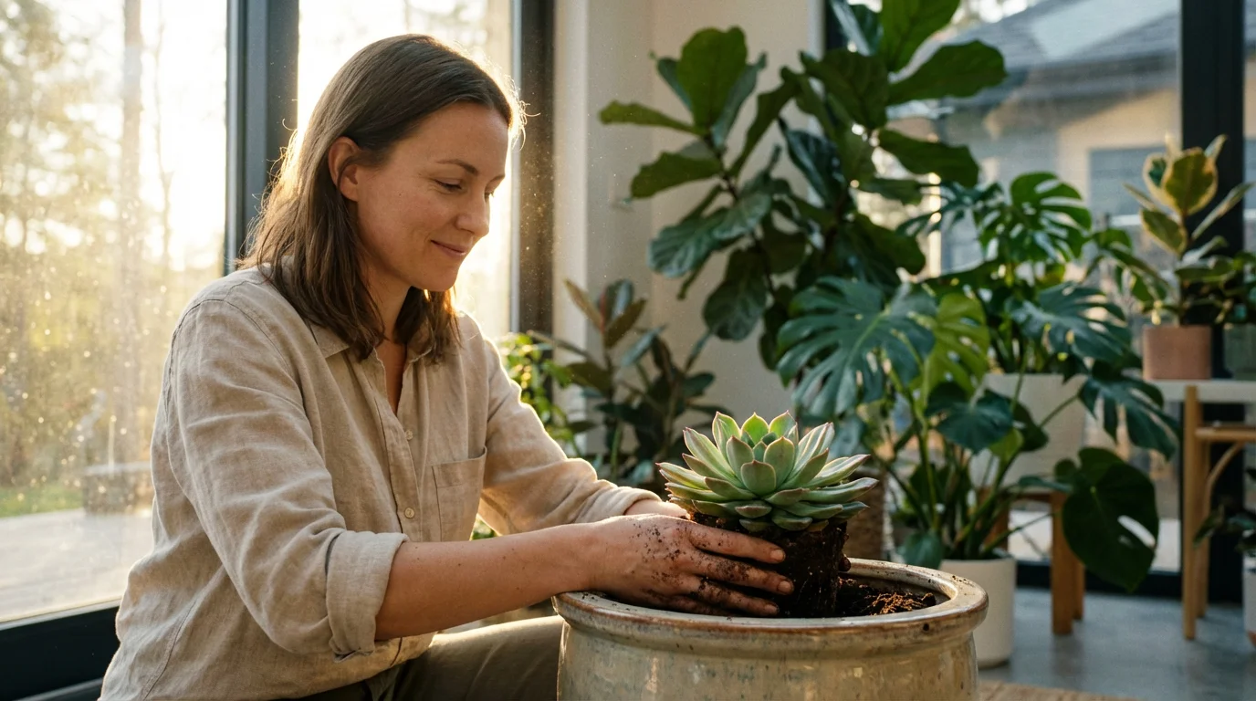 A woman carefully repots a small succulent plant in a warm, sunlit room.