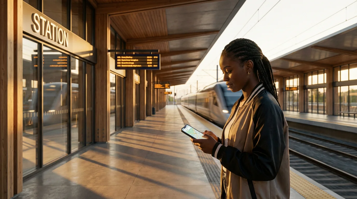 A woman confidently uses her smartphone to navigate on a train platform at sunset.