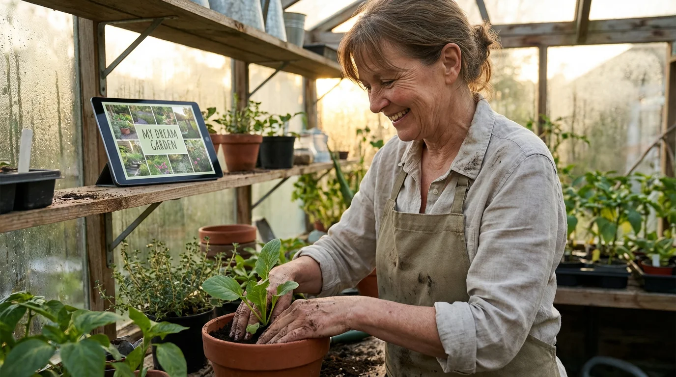 A woman happily gardening in a greenhouse during golden hour, a tablet showing her vision board nearby.