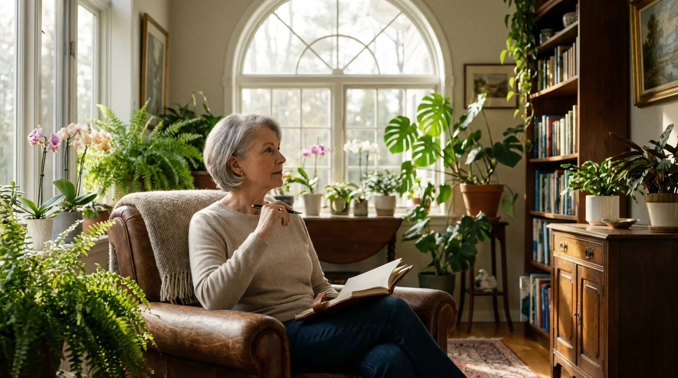 A woman in her late 60s thoughtfully journaling in a bright, plant-filled sunroom.
