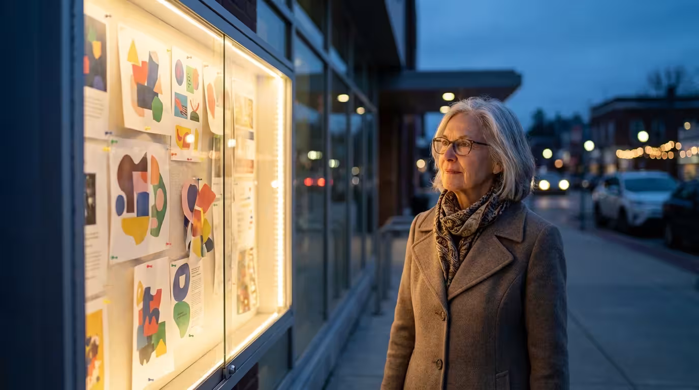 A woman in her seventies studies a community bulletin board during the blue hour.