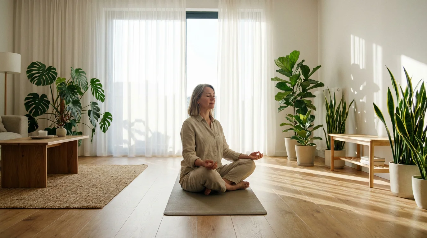 A woman meditates on a yoga mat in a sunlit living room, practicing self-care.