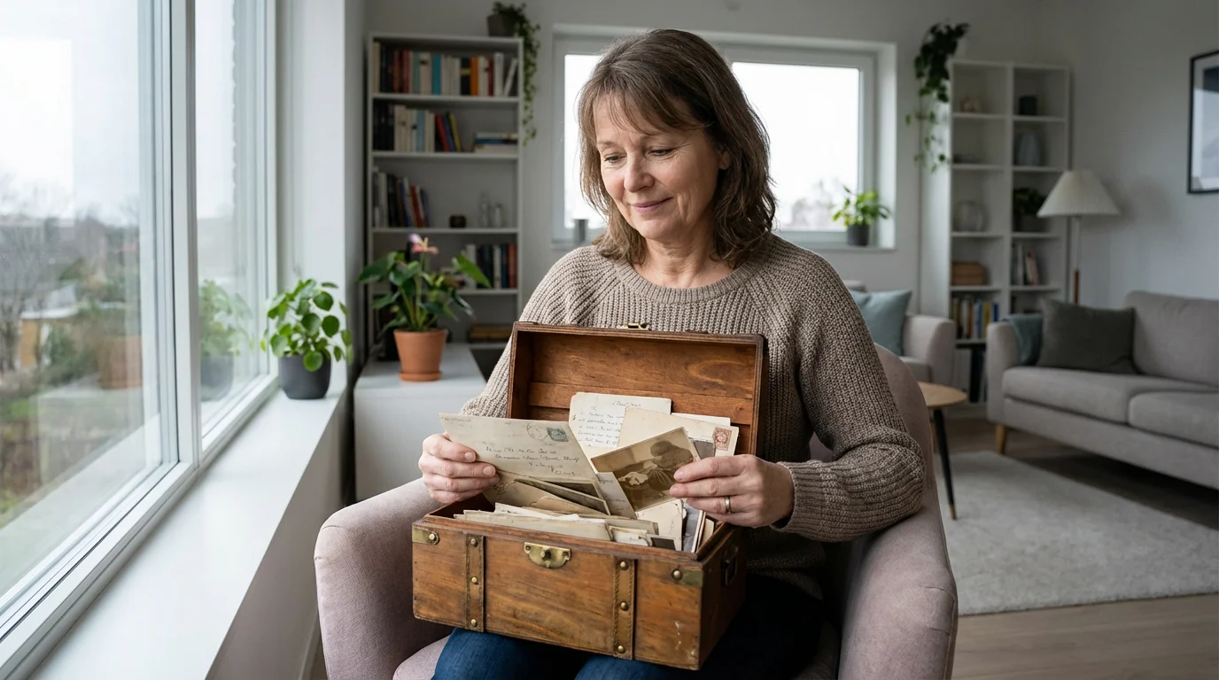A woman sits in an armchair by a window, looking at old family letters and photos.