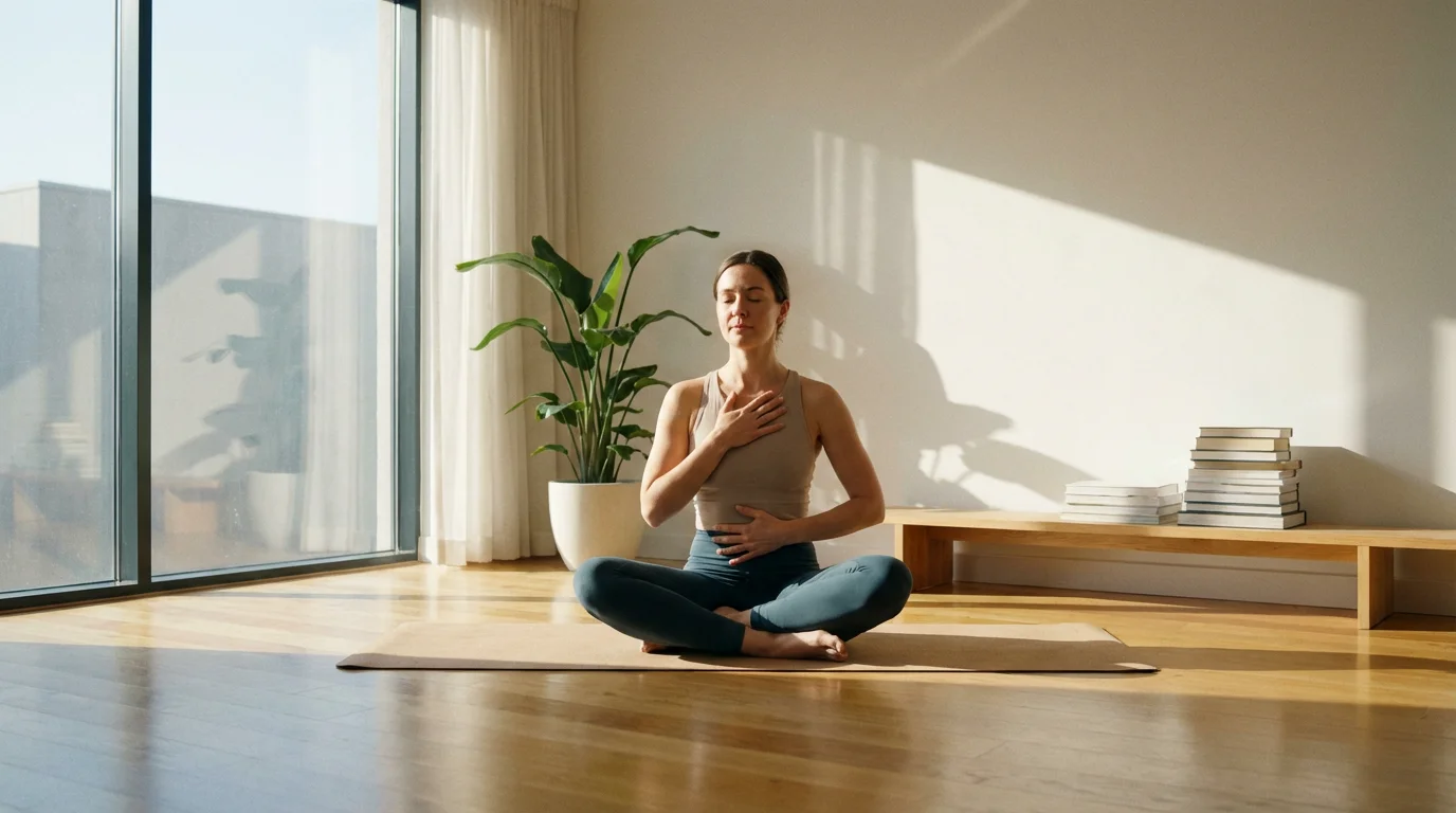 A woman sits peacefully on the floor in a sunlit room, practicing deep breathing.