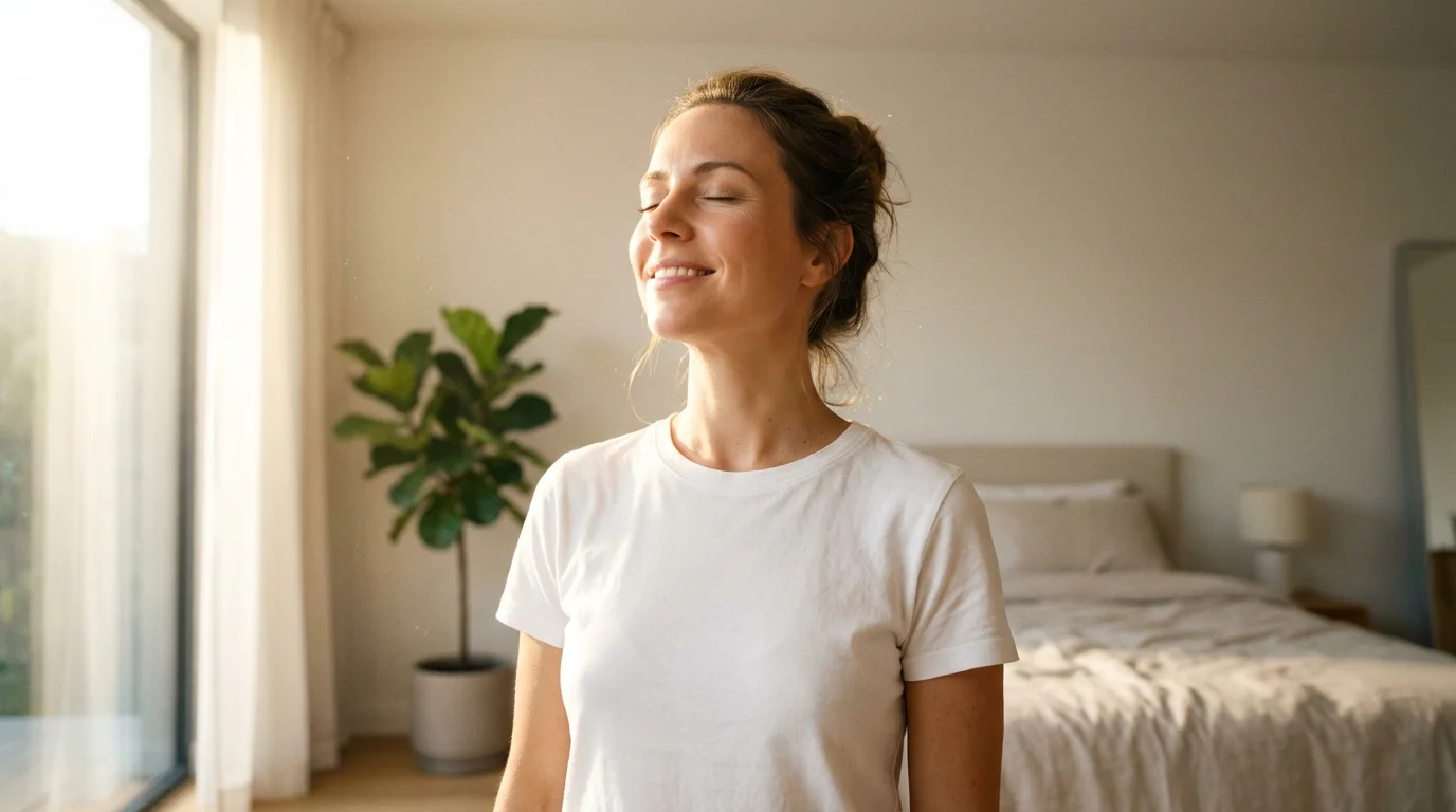 A woman standing in her sunlit bedroom with her eyes closed, feeling positive.