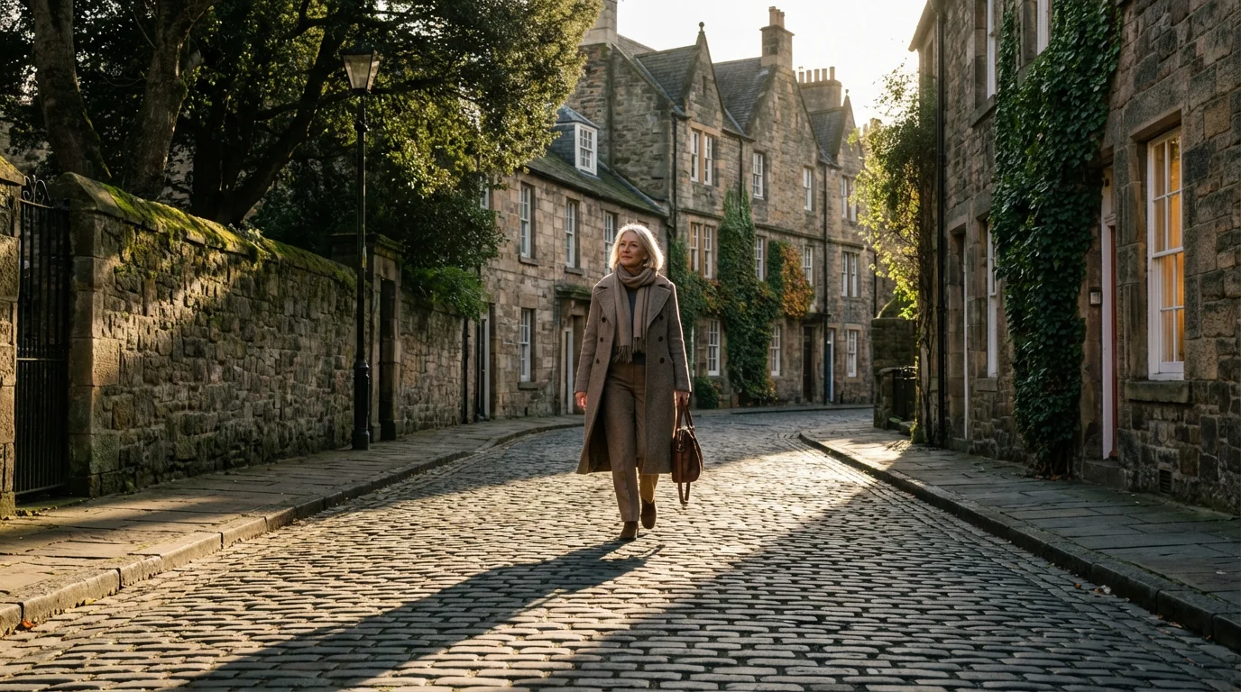 A woman walks down a charming, shadow-filled cobblestone city street in the afternoon.