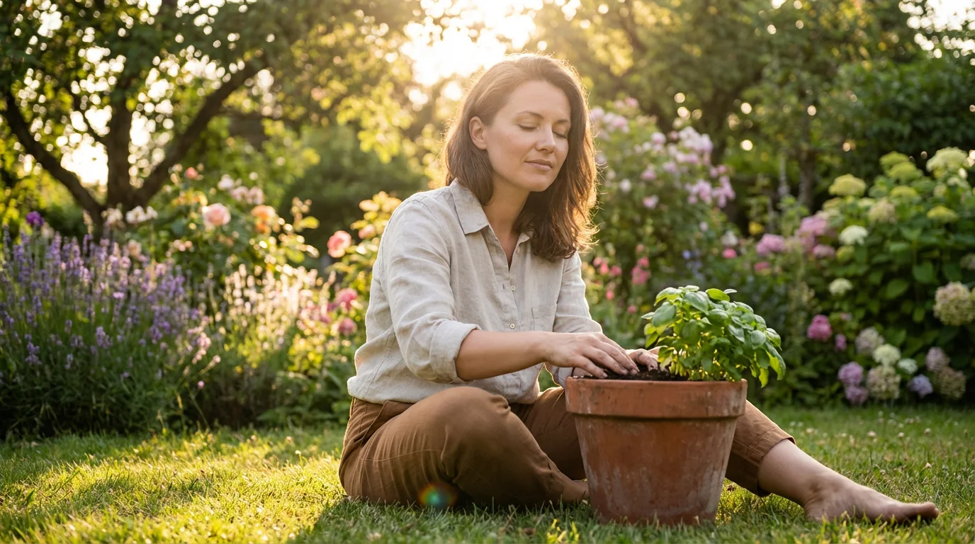 A woman with eyes closed, touching the soil of a potted plant at sunset.