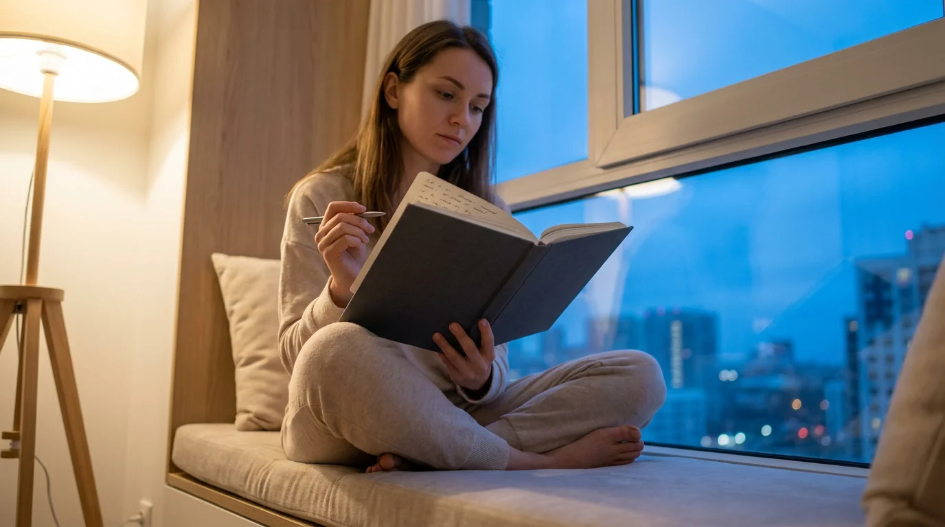 A woman writes in a gratitude journal on a window seat during twilight.
