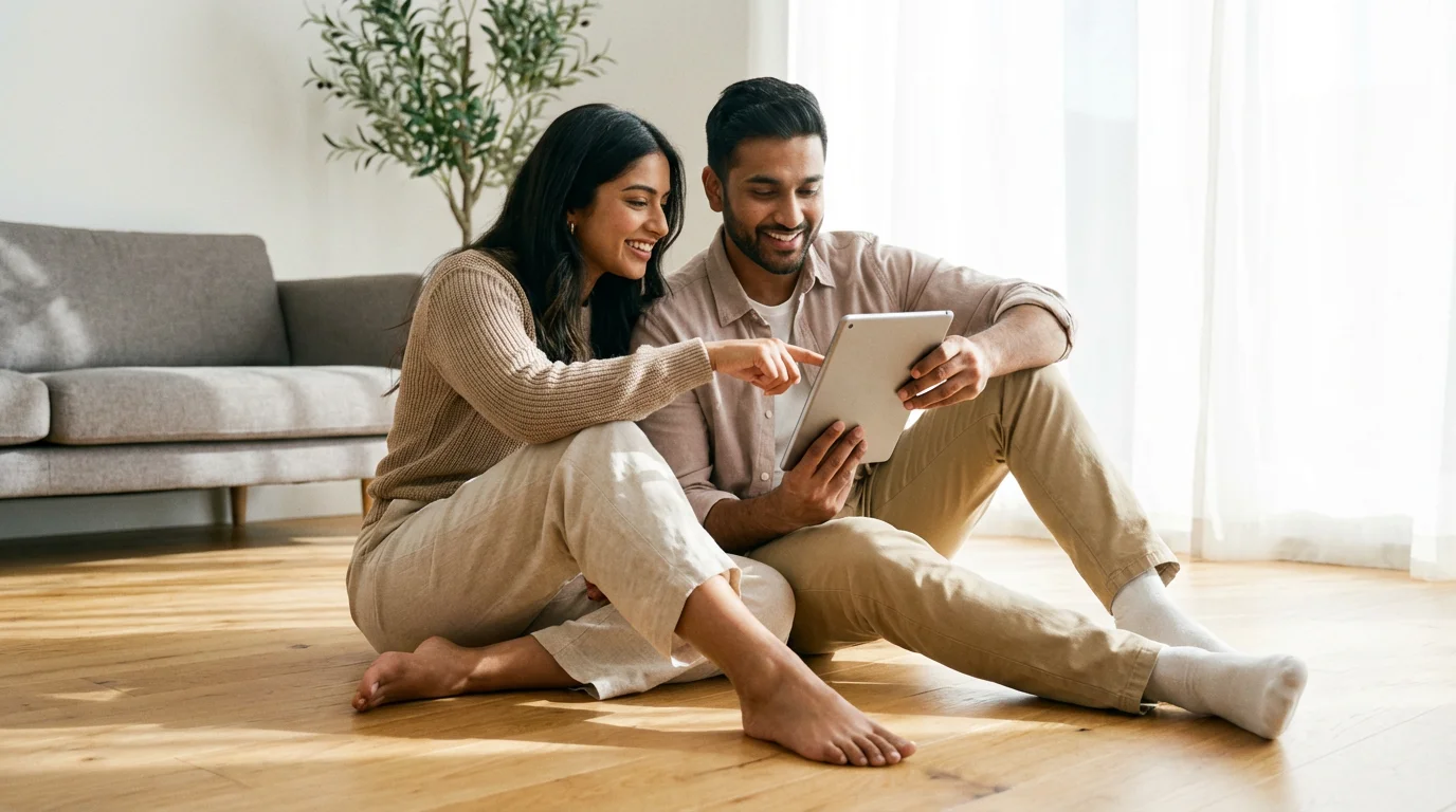 A young couple sits on a sunlit floor, looking at a tablet together.