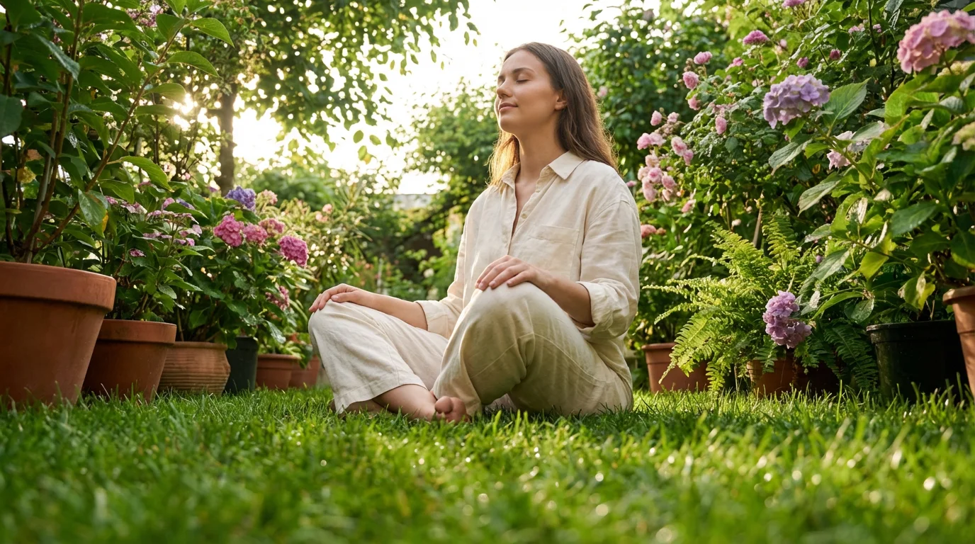 A young woman meditates peacefully on the grass in a lush garden during sunrise.