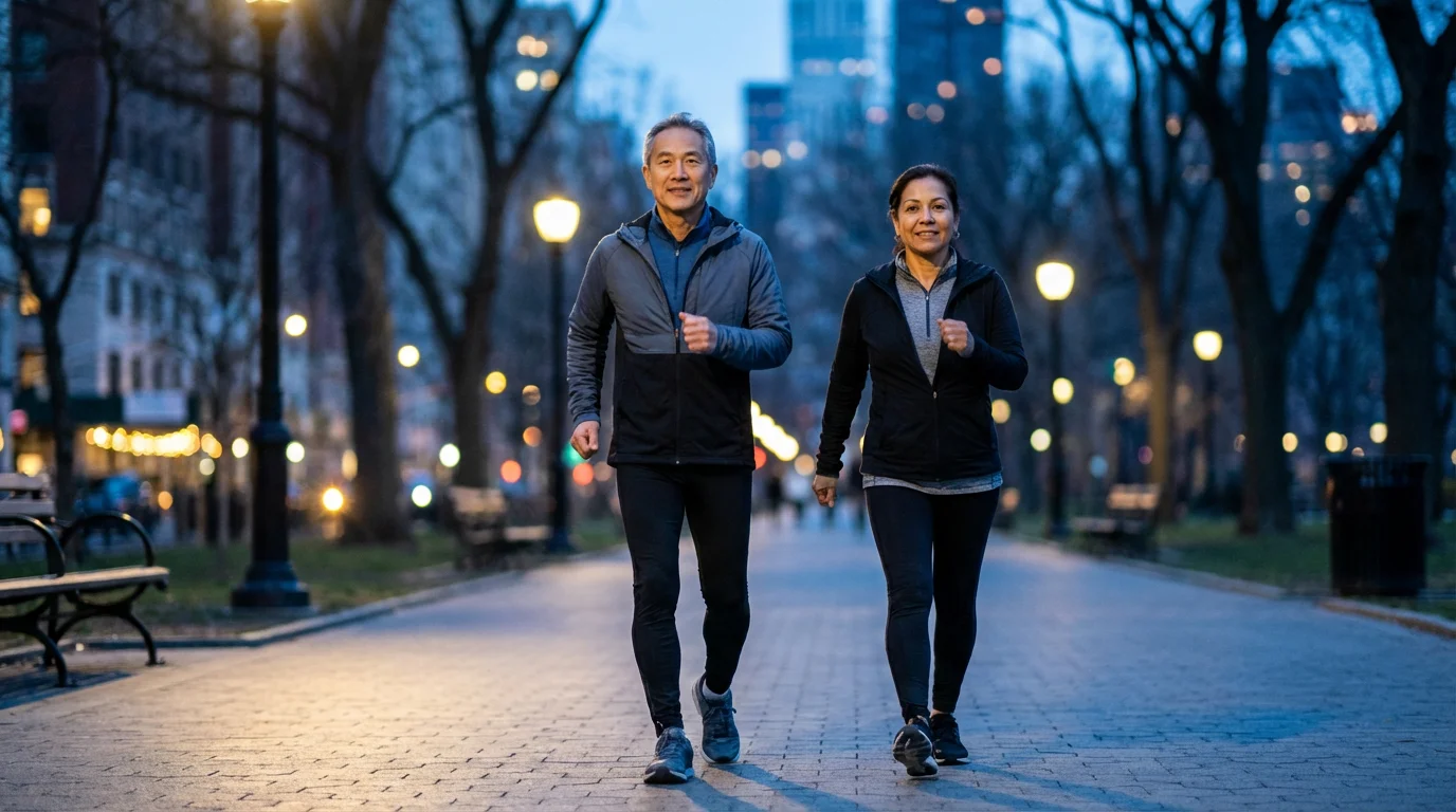 Active senior couple power-walking on a city park path at dusk during blue hour.