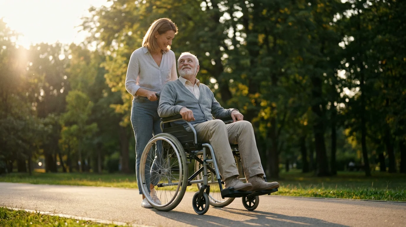 Adult daughter pushes her smiling elderly father in a wheelchair through a park at sunset.