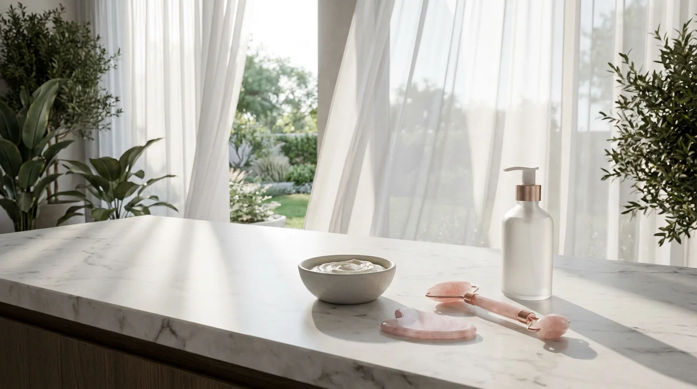 Advanced skincare tools like a gua sha and roller on a sunlit marble countertop.