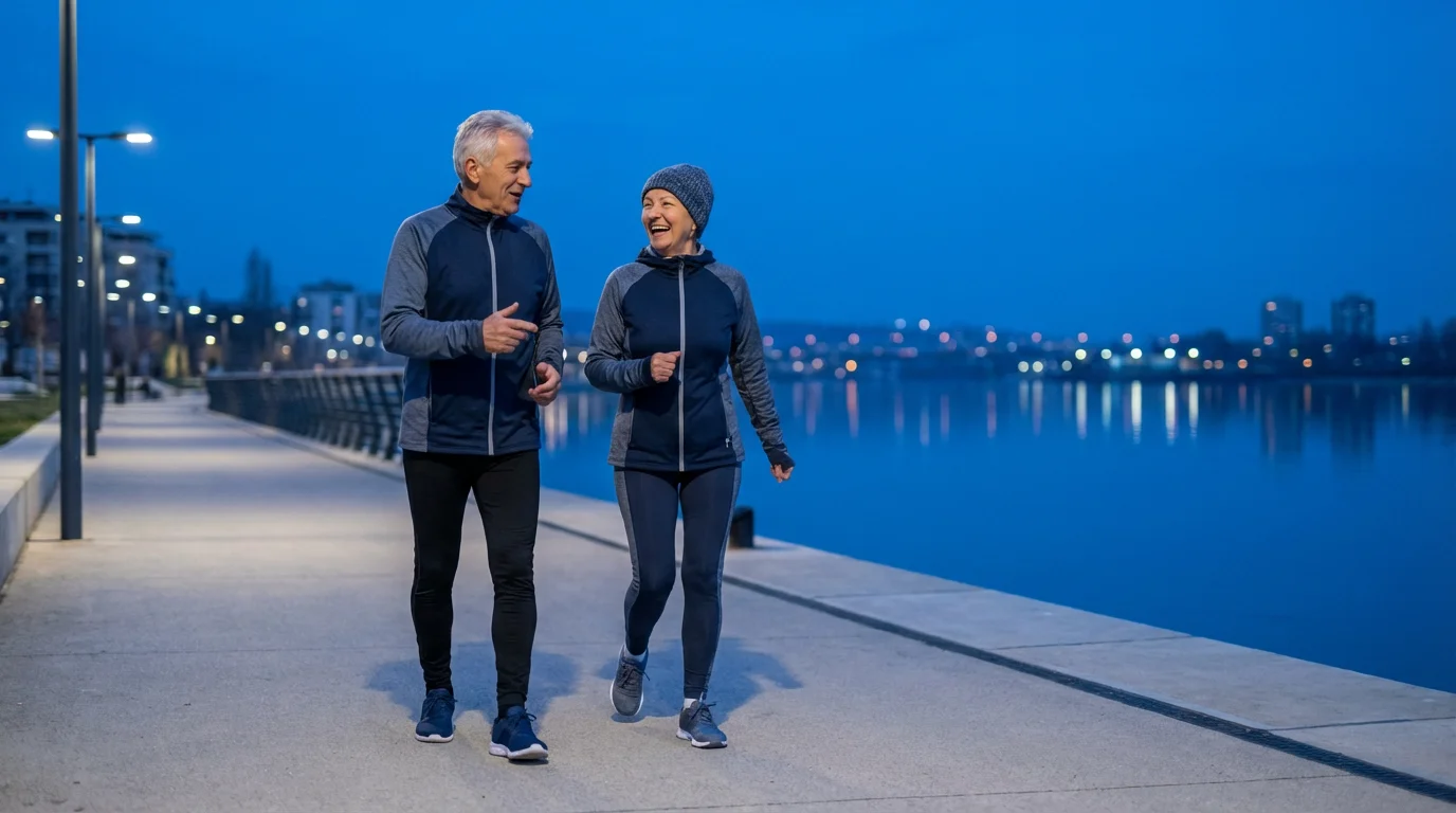 An active senior couple power-walking along a city waterfront promenade at dusk.