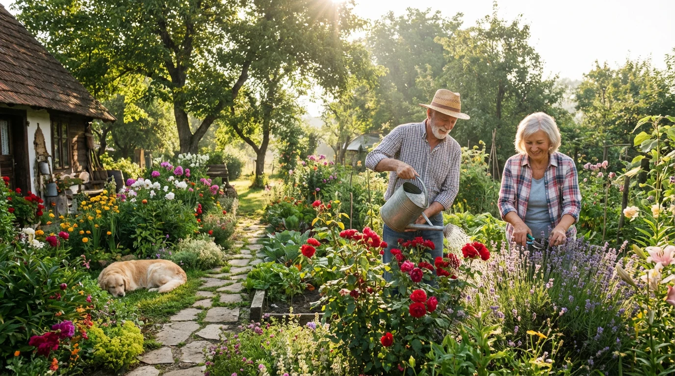 An elderly couple happily gardening together in their beautiful, sunlit flower garden.