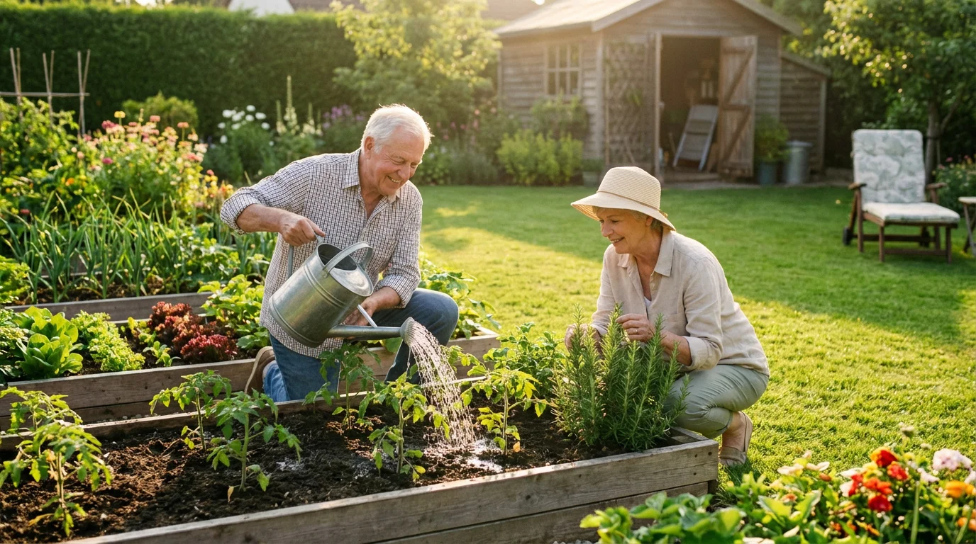 An elderly couple happily tending to their lush backyard vegetable garden in the morning light.
