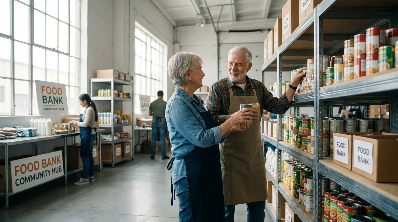 An elderly couple smiles while volunteering together, sorting food donations in a bright warehouse.