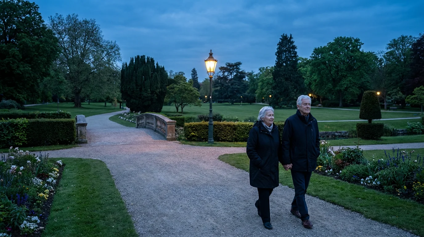 An elderly couple takes a slow, mindful walk through a quiet park at dusk.