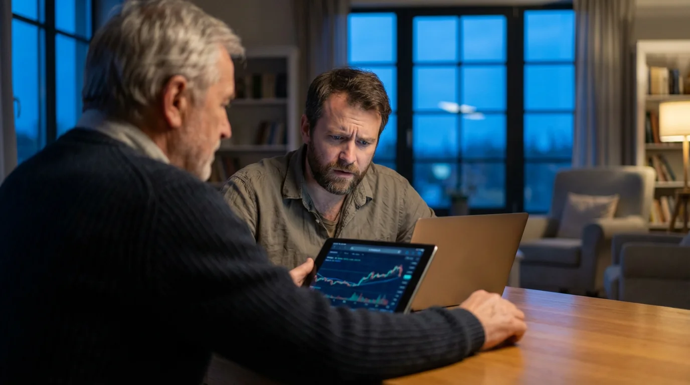 An elderly father and adult son sitting at a table discussing finances during evening.