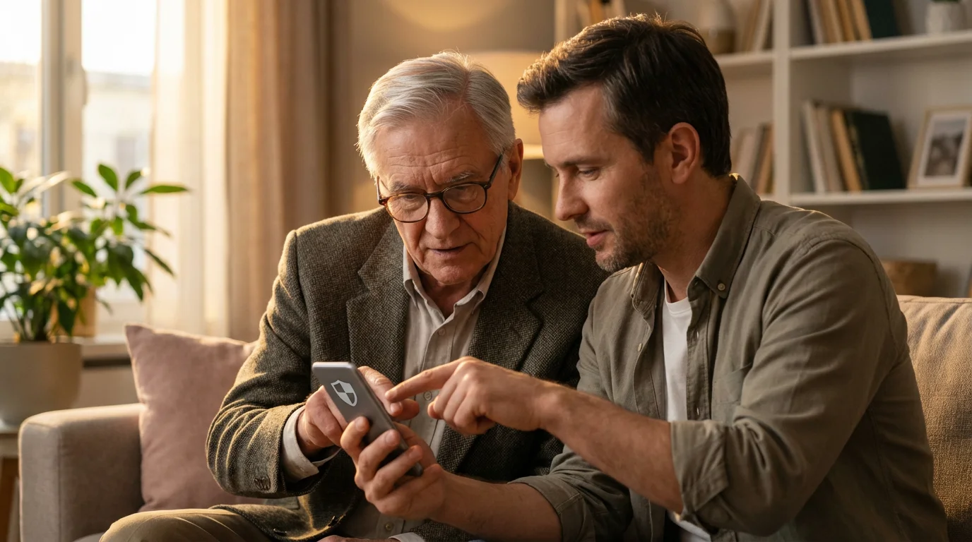 An elderly father learning about smartphone privacy settings from his adult son at home.