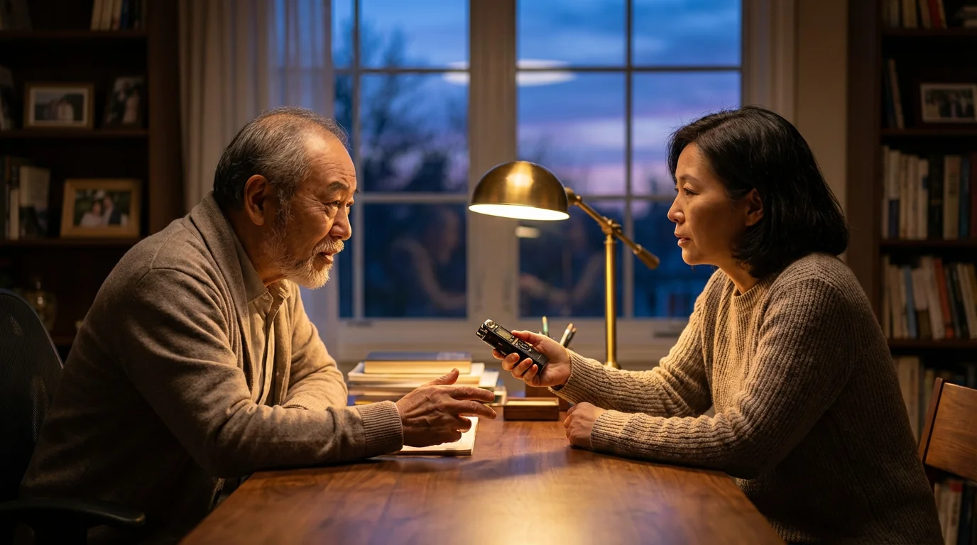 An elderly father shares his story with his daughter recording on a digital recorder.