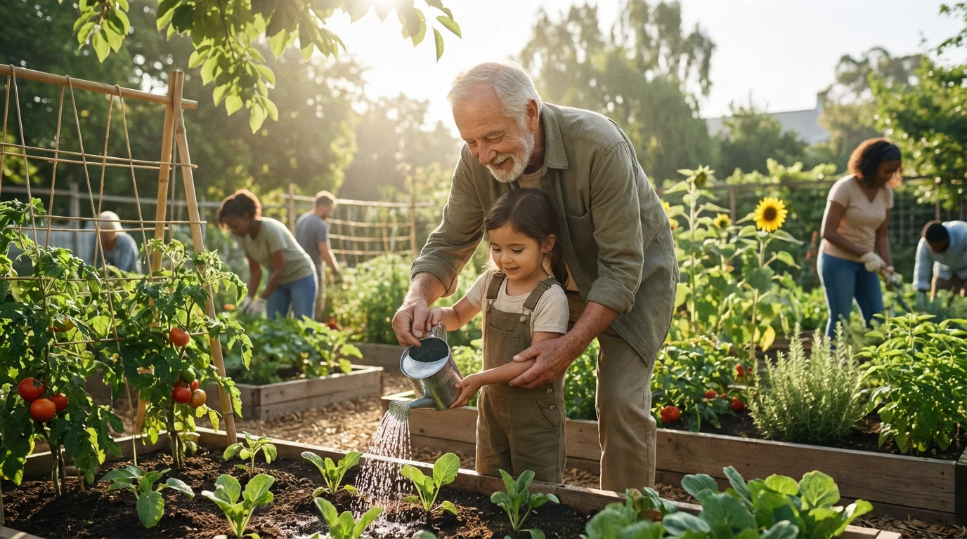 An elderly grandfather and young granddaughter watering seedlings together in a sunny community garden.