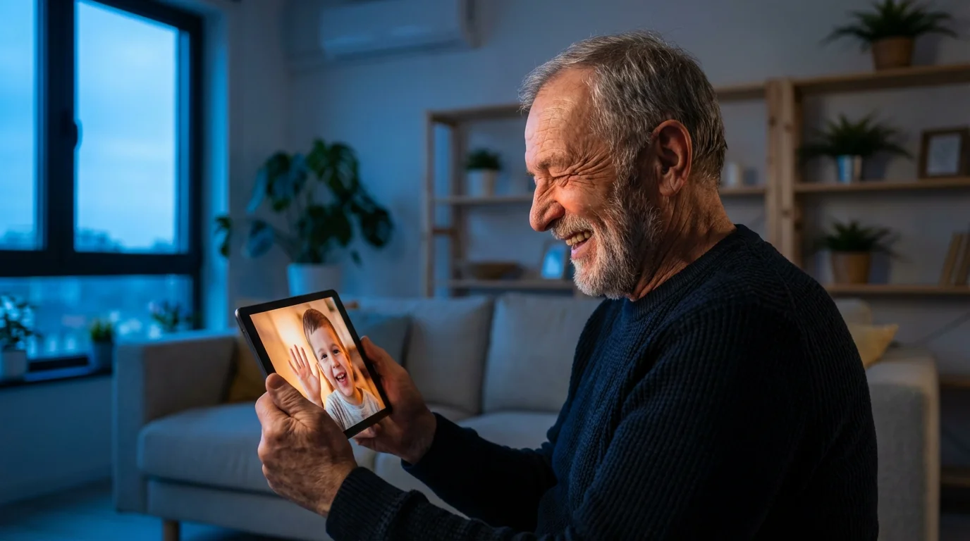 An elderly grandfather smiles warmly at a tablet showing his grandchild on video call.