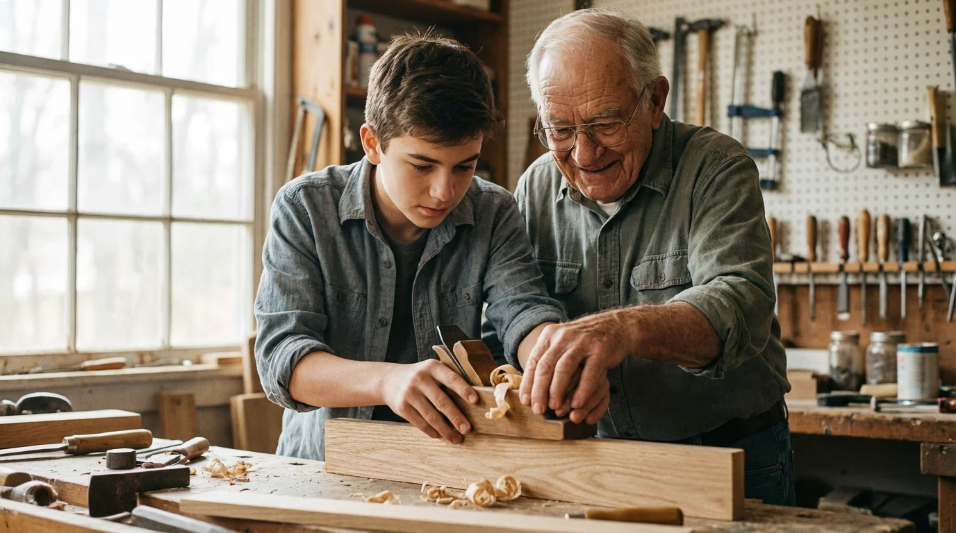 An elderly grandfather teaches his grandson woodworking at a workbench in a home workshop.
