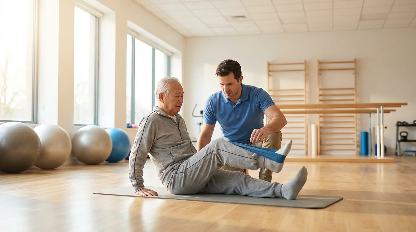 An elderly man doing a guided leg exercise with a physical therapist in a sunlit clinic.