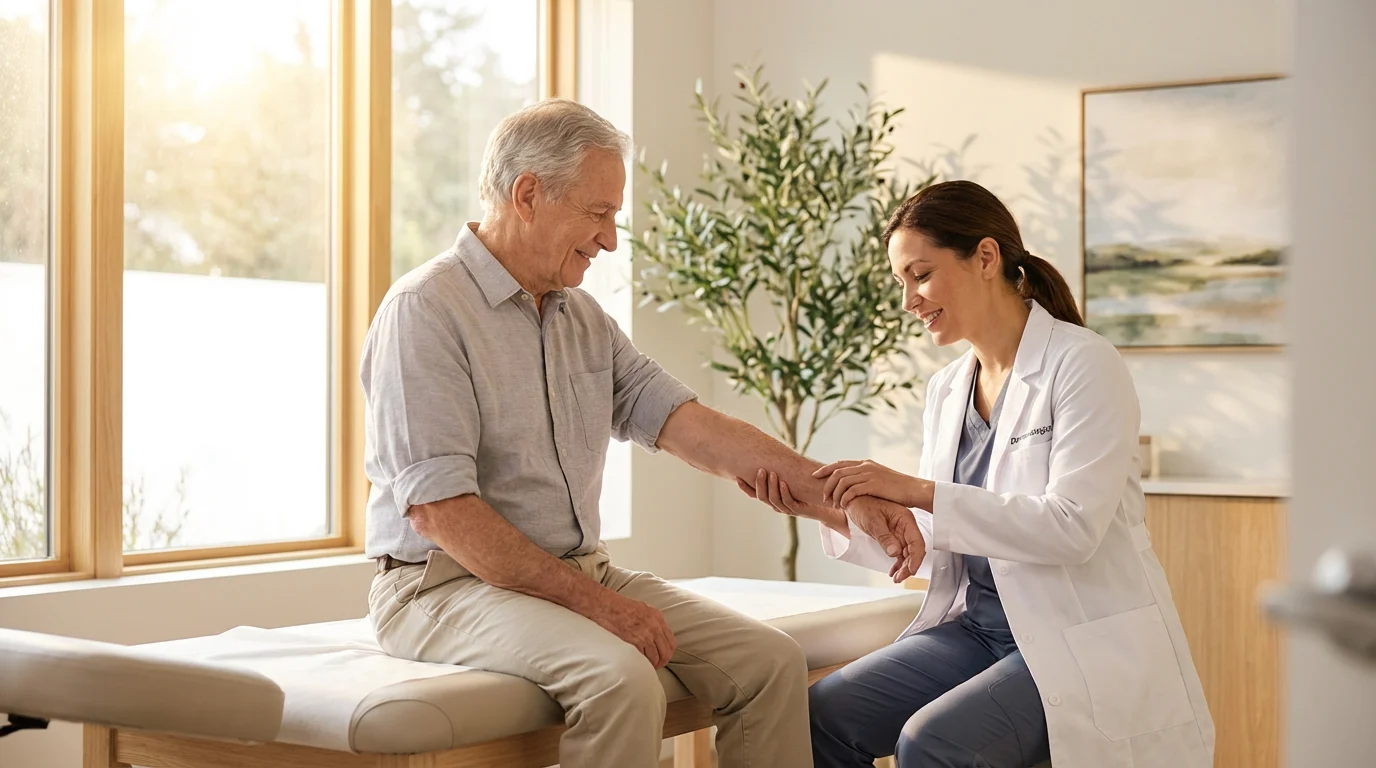 An elderly man in a consultation with a female dermatologist in a bright, modern clinic.