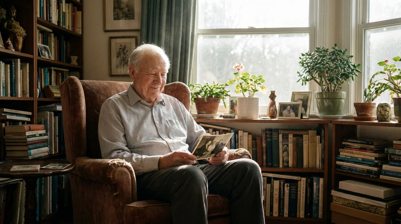 An elderly man in a sunlit room peacefully looks at an old family photograph.