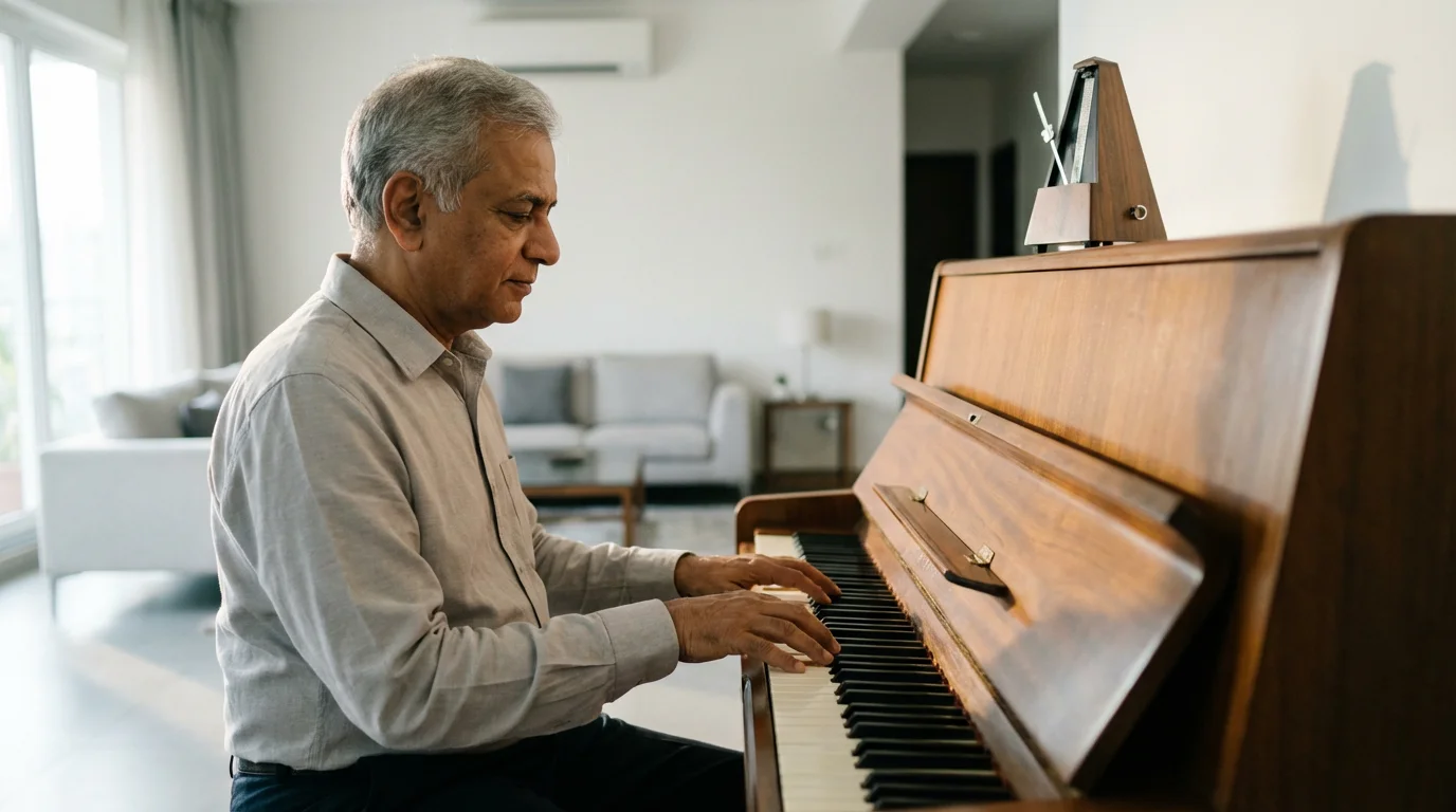 An elderly man learning to play the piano in a sunlit modern living room.