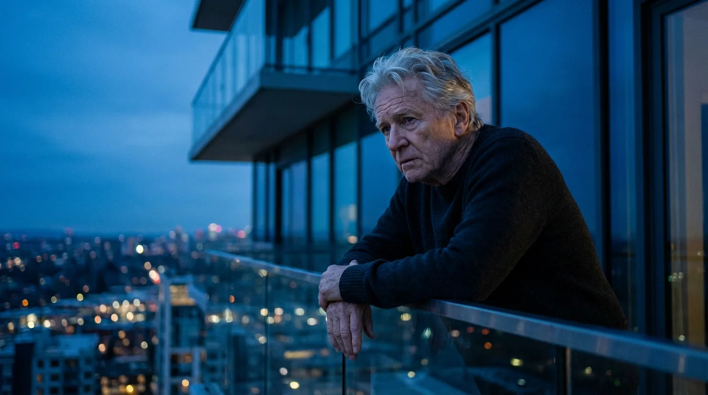 An elderly man looking stressed while standing on a city balcony at dusk.