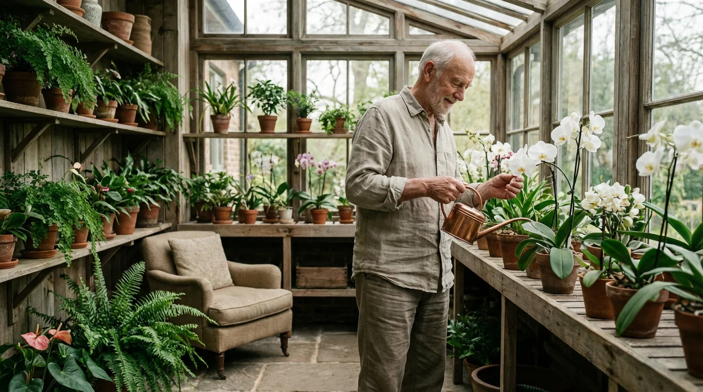 An elderly man peacefully waters orchids in his bright, plant-filled sunroom.