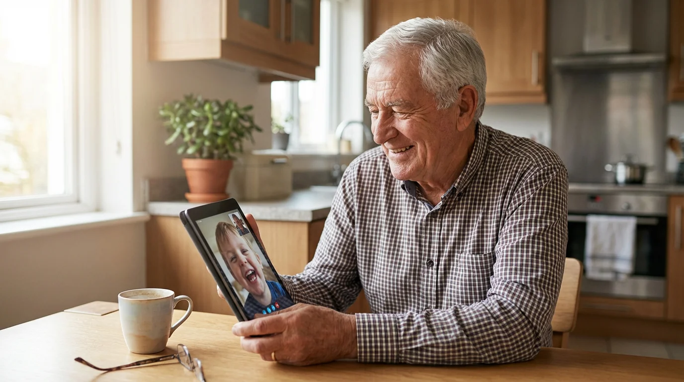 An elderly man sitting at a kitchen table video-calling his grandchild on a tablet.