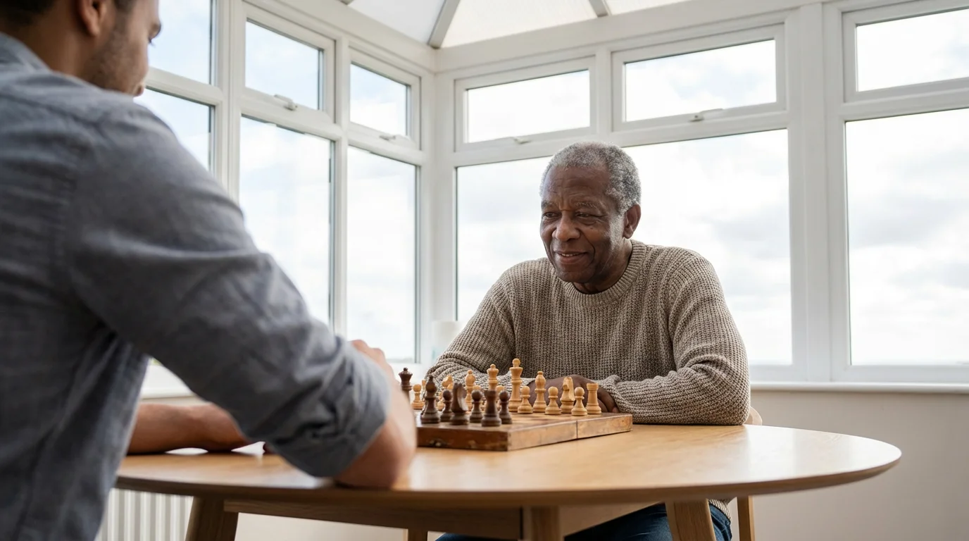 An elderly man smiles thoughtfully while playing a game of chess with his son.
