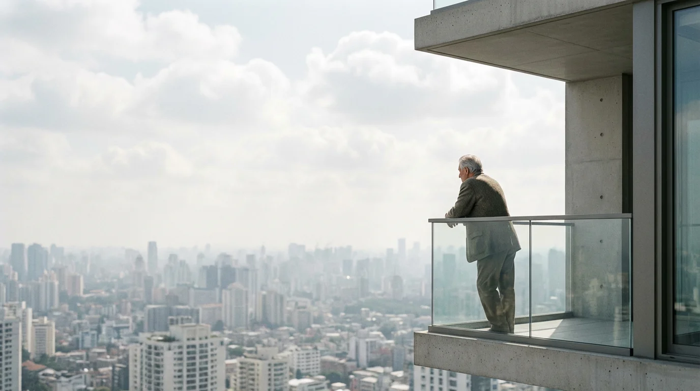 An elderly man stands alone on a modern city balcony, looking out pensively.