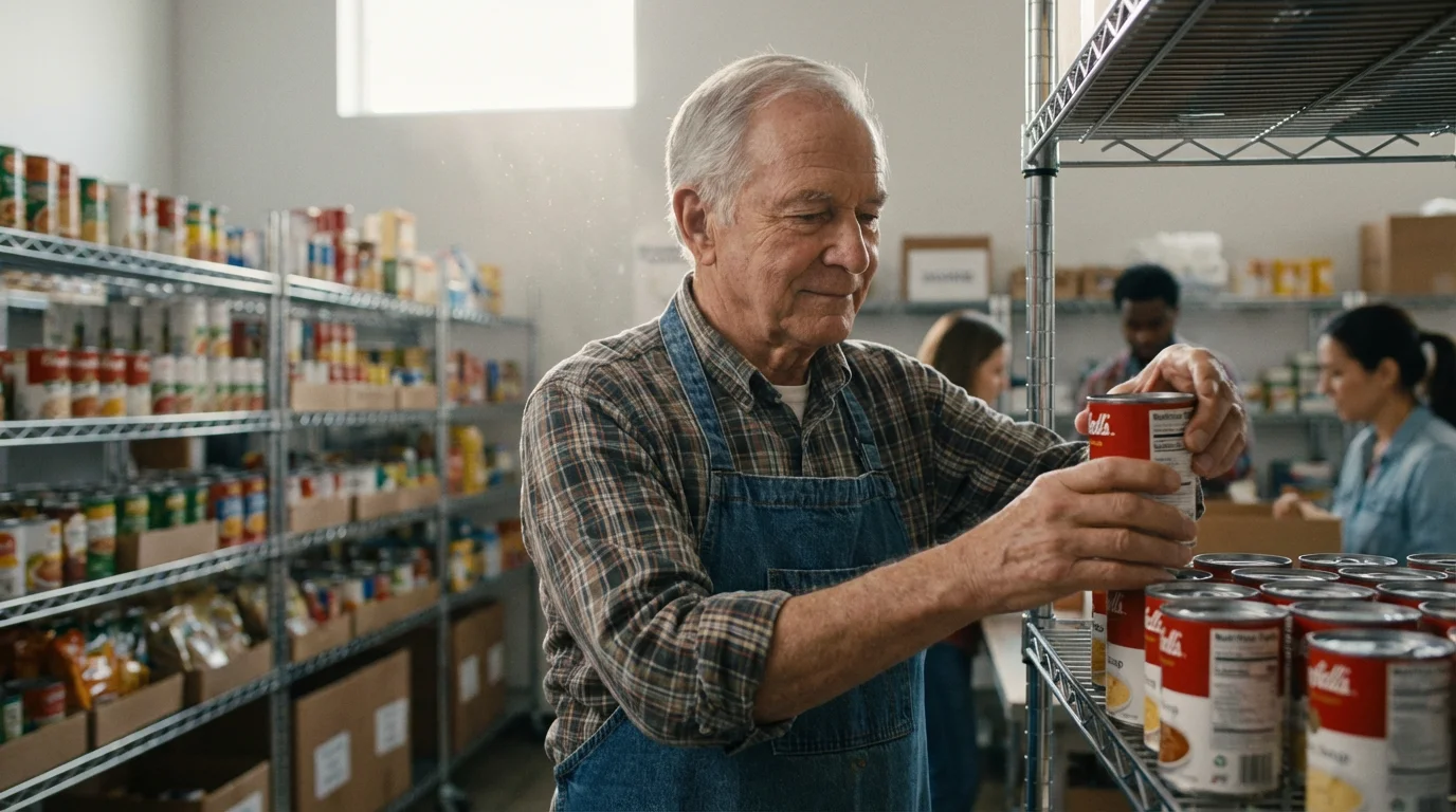 An elderly man volunteering, carefully organizing canned goods on a shelf in a food bank.