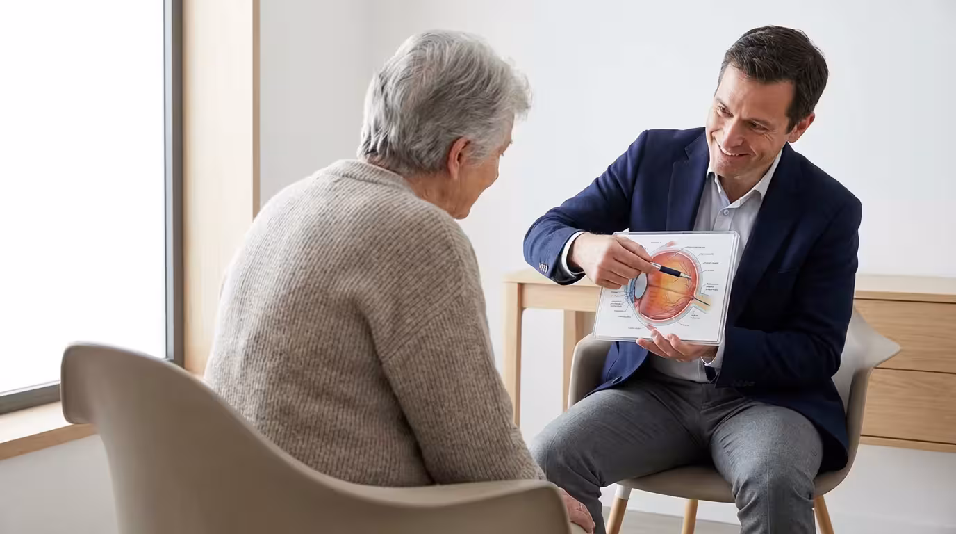 An elderly person from behind in an optometrist's office, looking at an eye model.