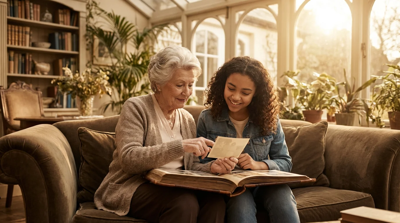 An elderly woman and her granddaughter look at a family photo album together.