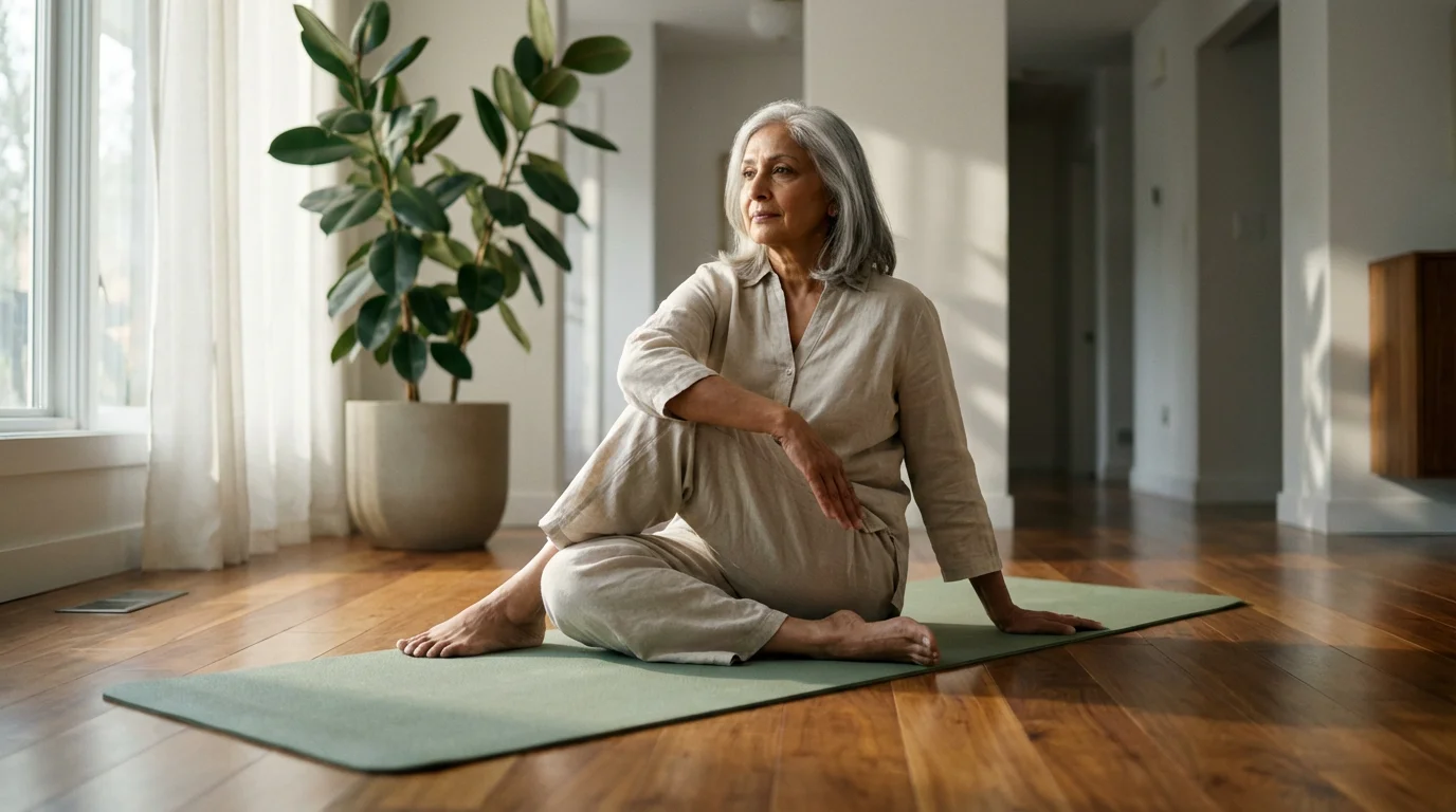 An elderly woman performing a gentle yoga stretch in a sunlit living room.