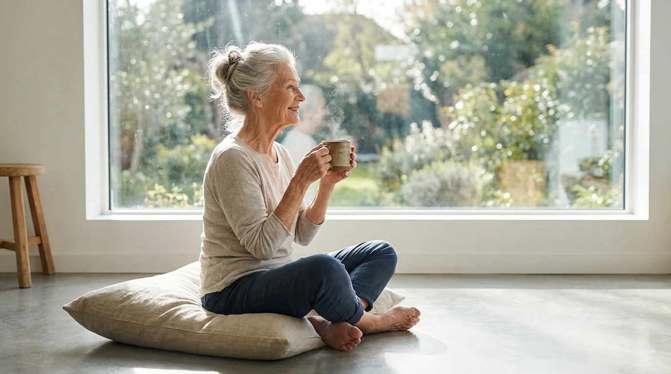 An elderly woman sits by a window, peacefully holding a mug, practicing mindfulness.