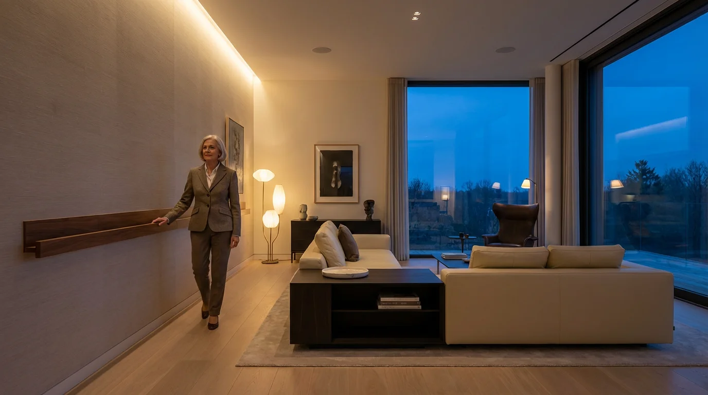 An elderly woman walks safely through her modern, well-lit living room at twilight.