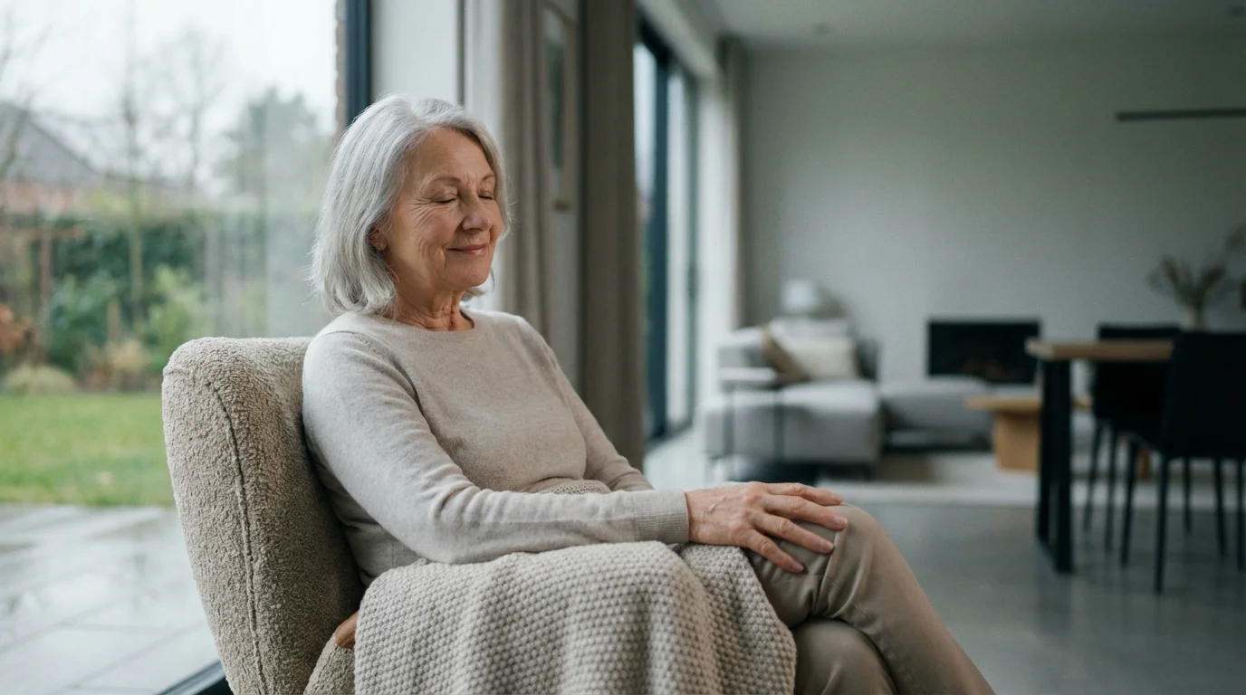 An elderly woman with a serene expression resting peacefully in an armchair by a window.