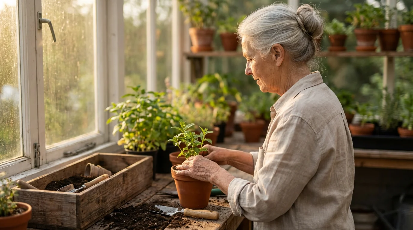 An elderly woman's hands carefully potting a small green plant in a sunlit room.