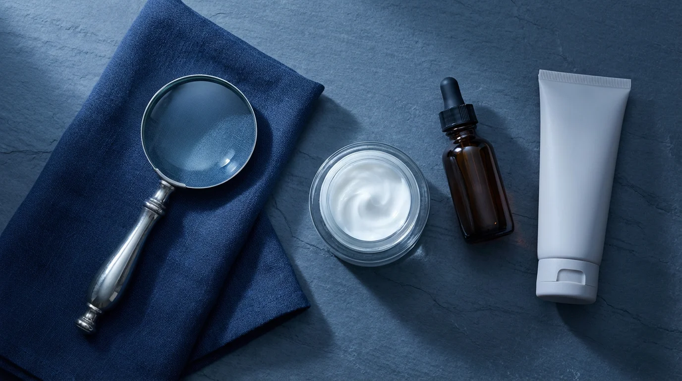 An elegant flat lay of mature skincare products and a magnifying glass at dusk.