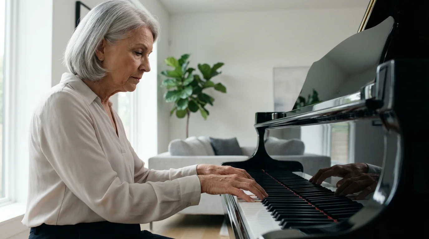 An elegant older woman seen from a low angle, learning to play piano.