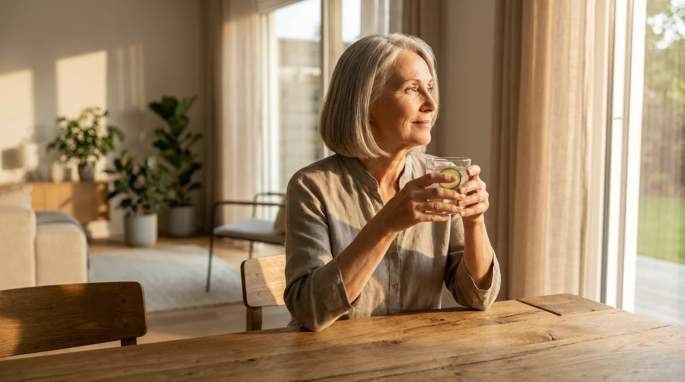 An elegant senior woman sits by a window in the afternoon holding a glass of water.